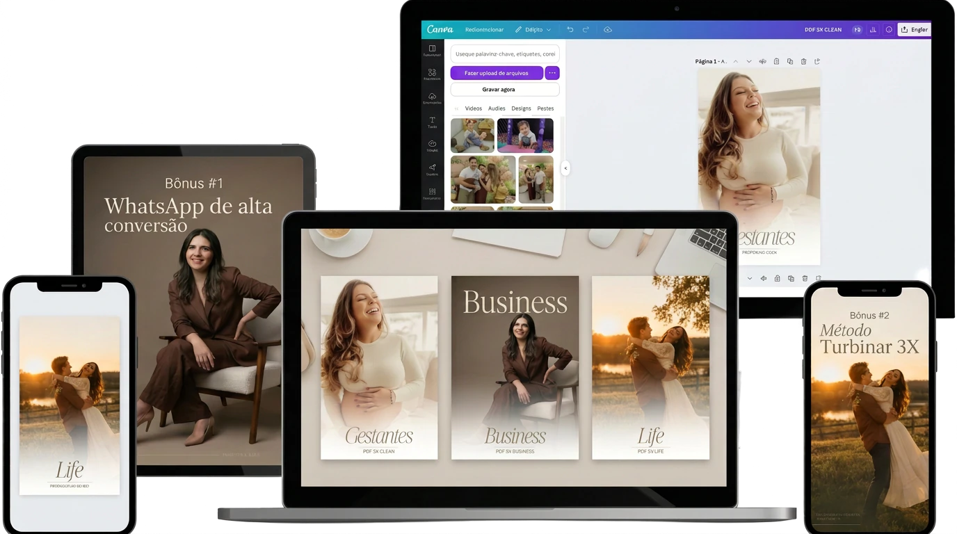 Entregáveis do PDF 3X: os três modelos no notebook, personalização no Canva no monitor, bônus WhatsApp de alta conversão no tablet, conversa de WhatsApp e Método Turbinar 3X nos celulares